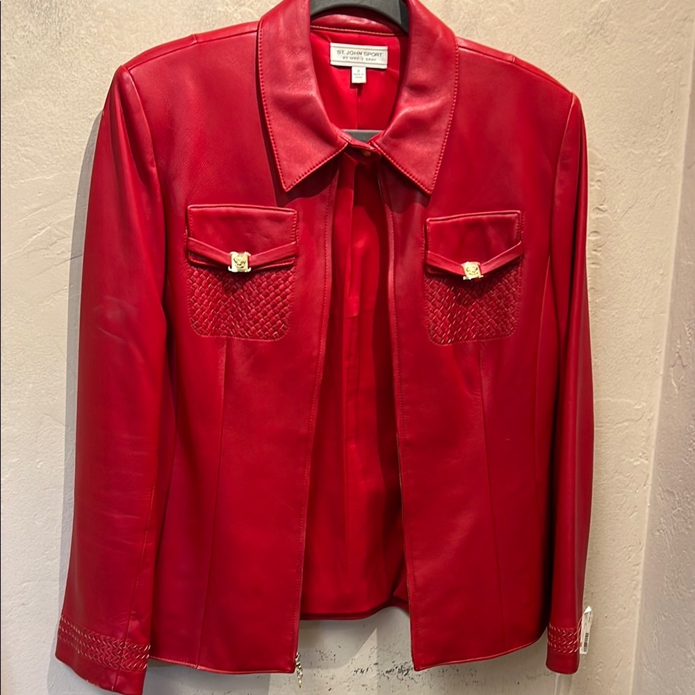 St. John Sport by Marie Gray Red Leather Jacket Classic Design